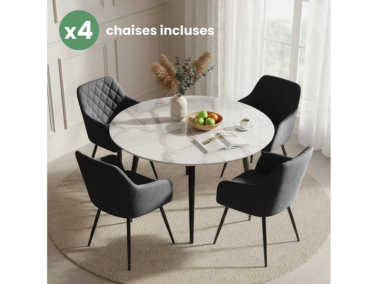 Set van 4 Eetkamerstoelen VELTO met Armleuningen / Gestoffeerde Stoelen / Fluwelen Stoelen en Metalen Poten / Zwart met zwarte benen