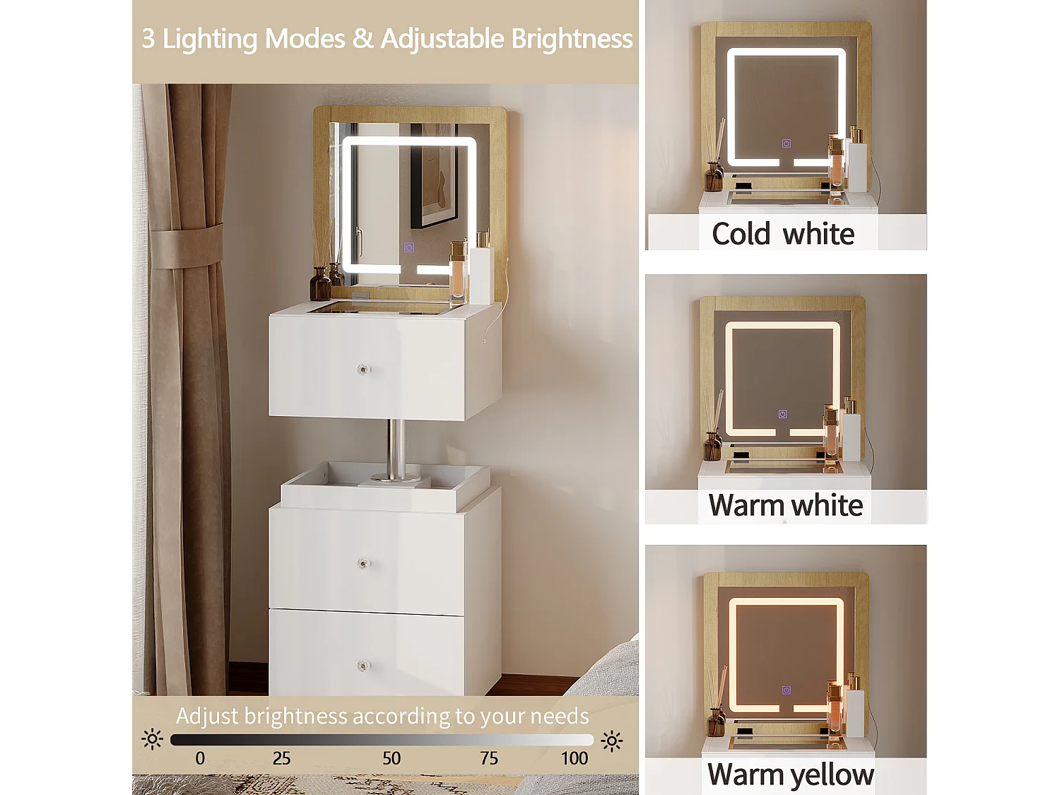 Coiffeuse avec Miroir Rabattable et Lumière LED, Table de Maquillage à Roulette, 3 Tiroirs, réglable en hauteur, 42x42x72.6, Blanc
