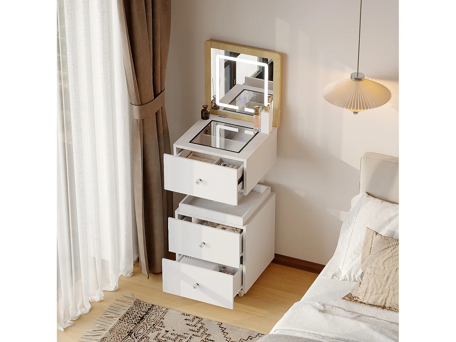 Coiffeuse avec Miroir Rabattable et Lumière LED, Table de Maquillage à Roulette, 3 Tiroirs, réglable en hauteur, 42x42x72.6, Blanc