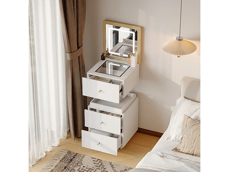 Coiffeuse avec Miroir Rabattable et Lumière LED, Table de Maquillage à Roulette, 3 Tiroirs, réglable en hauteur, 42x42x72.6, Blanc