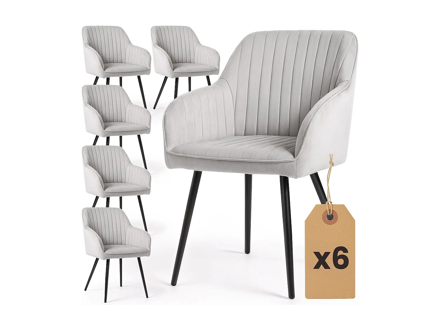 Lot de 6 Chaises en velours à surpiqûres FLORENCE Gris pieds noirs