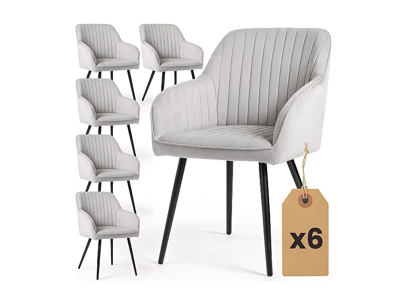 Lot de 6 Chaises en velours à surpiqûres FLORENCE Gris pieds noirs