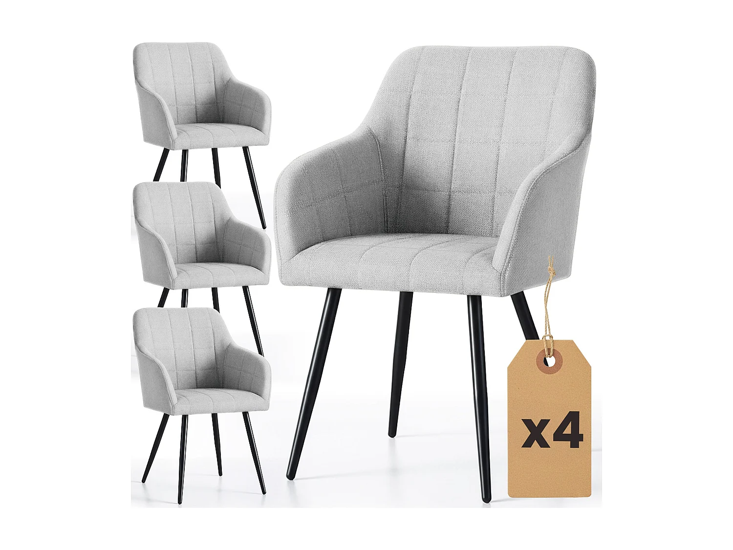 Set di 4 Sedie imbottite con cuciture quadrate LUXANO Grigio Chiaro gambe nere tessuto Lumos