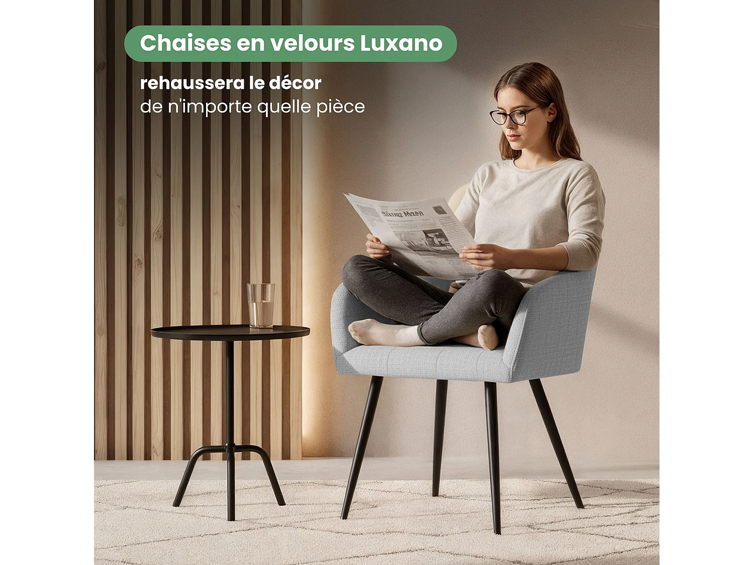 Set di 4 Sedie imbottite con cuciture quadrate LUXANO Grigio Chiaro gambe nere tessuto Lumos