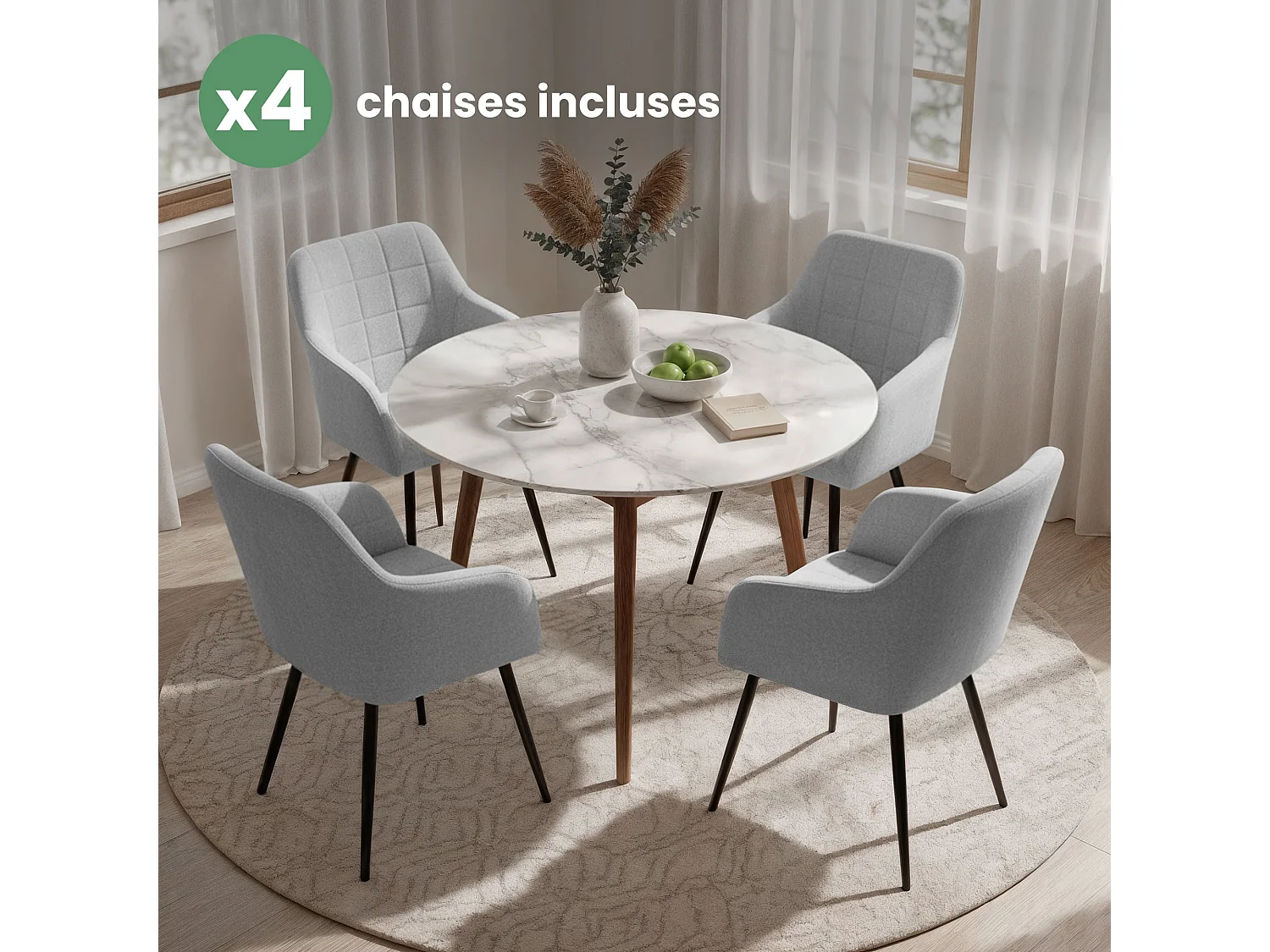 Set di 4 Sedie imbottite con cuciture quadrate LUXANO Grigio Chiaro gambe nere tessuto Lumos