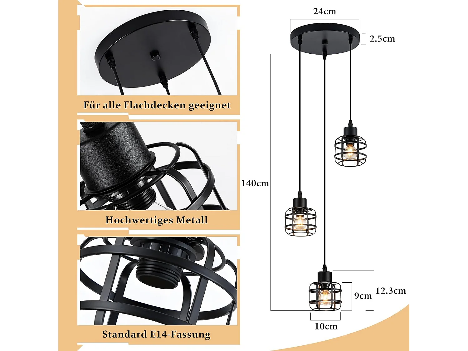 Lampa wisząca Nettlife Vintage z trzema żarówkami – czarny metalowy żyrandol E14 w stylu retro – regulowana wysokość (żarówki nie są dołączone)