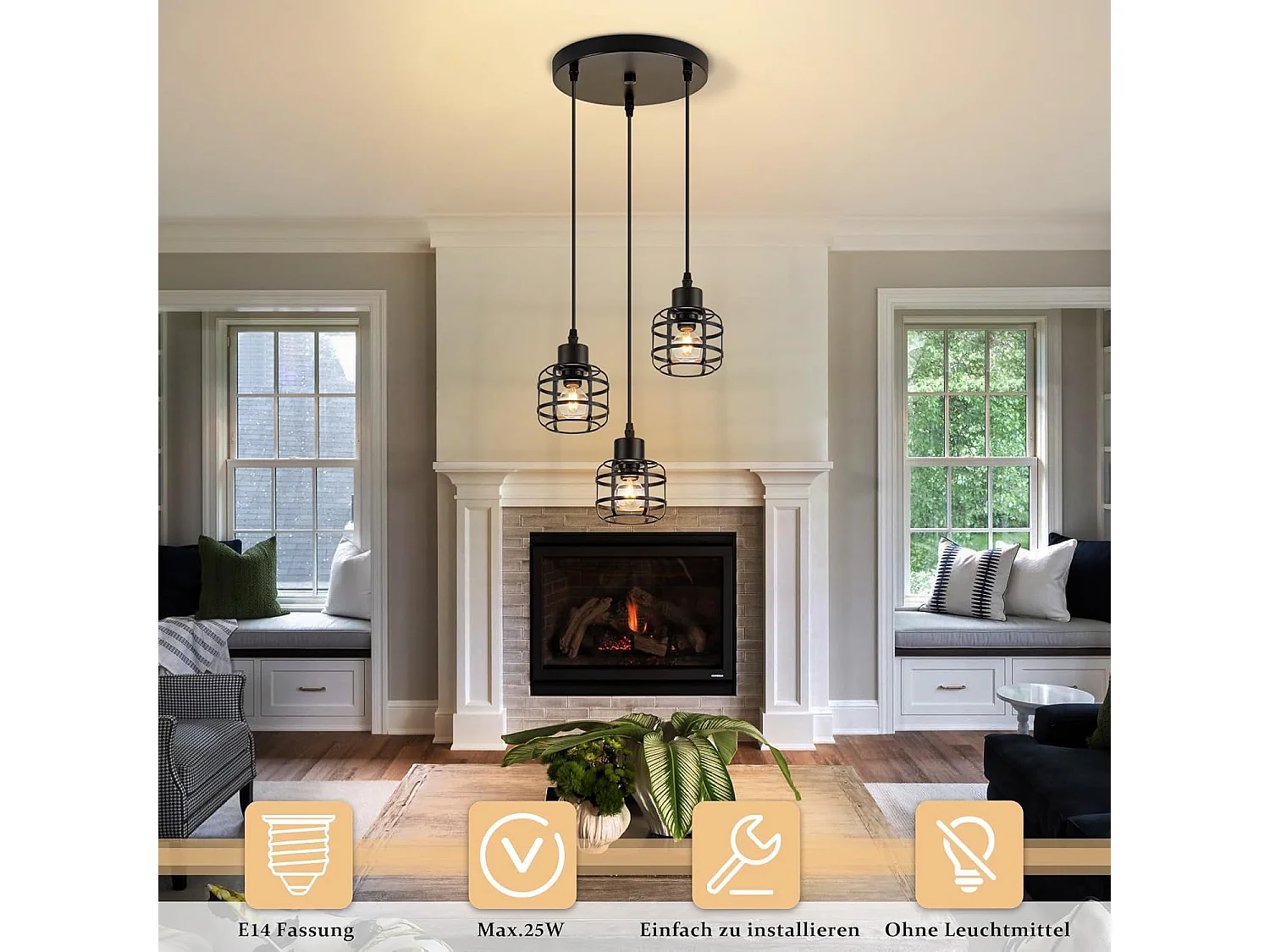 Lampa wisząca Nettlife Vintage z trzema żarówkami – czarny metalowy żyrandol E14 w stylu retro – regulowana wysokość (żarówki nie są dołączone)