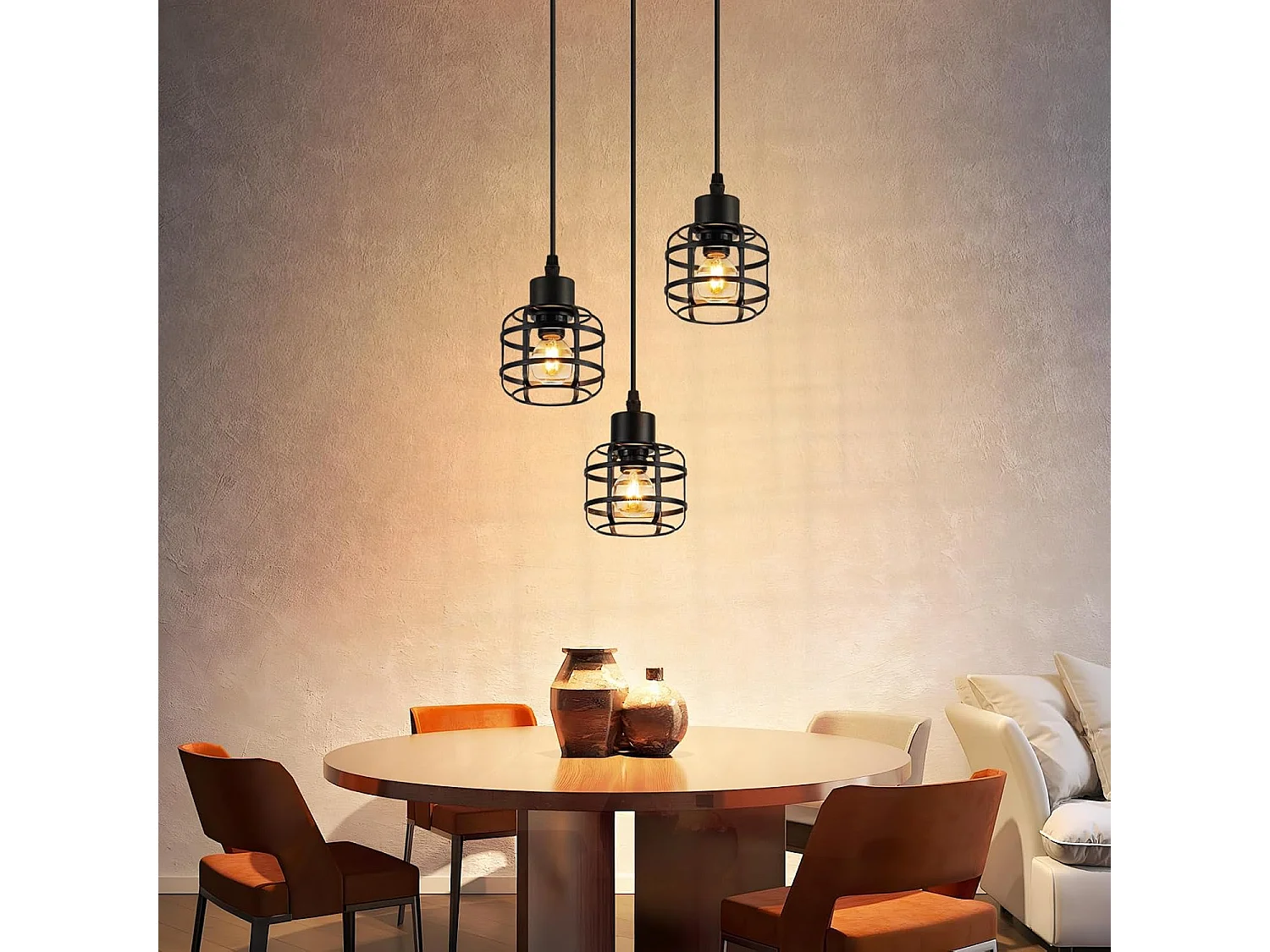 Lampa wisząca Nettlife Vintage z trzema żarówkami – czarny metalowy żyrandol E14 w stylu retro – regulowana wysokość (żarówki nie są dołączone)