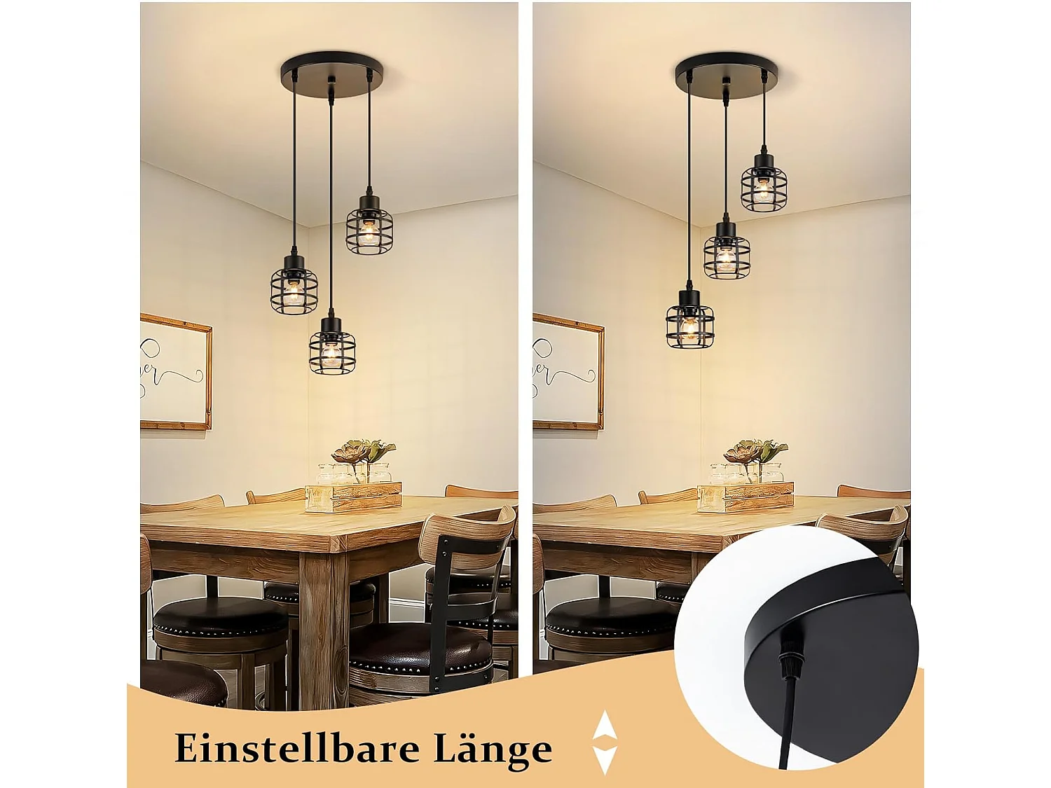 Lampa wisząca Nettlife Vintage z trzema żarówkami – czarny metalowy żyrandol E14 w stylu retro – regulowana wysokość (żarówki nie są dołączone)