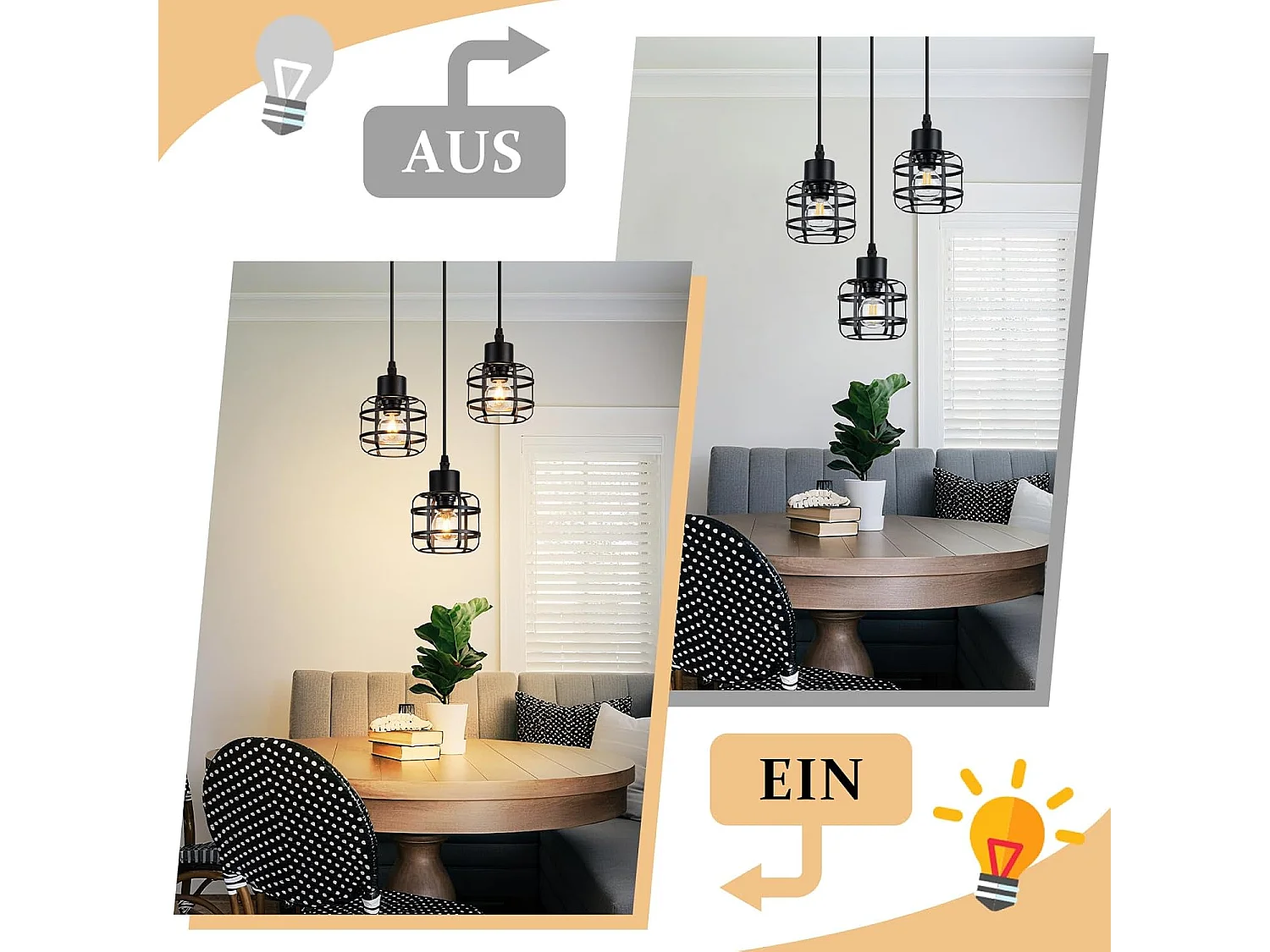 Lampa wisząca Nettlife Vintage z trzema żarówkami – czarny metalowy żyrandol E14 w stylu retro – regulowana wysokość (żarówki nie są dołączone)