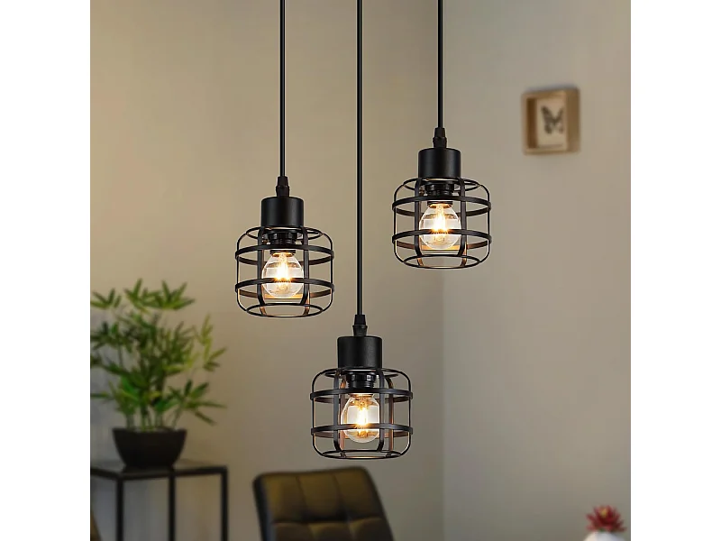 Lampa wisząca Nettlife Vintage z trzema żarówkami – czarny metalowy żyrandol E14 w stylu retro – regulowana wysokość (żarówki nie są dołączone)