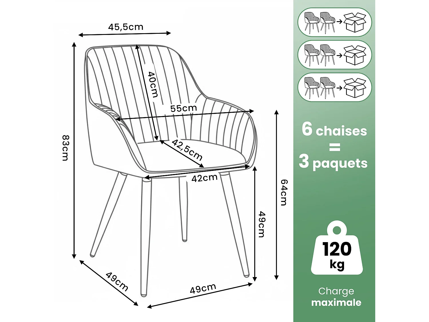 6er Set Drehbare Veloursstühle mit Ziernähten TURNO Grau mit schwarzen Beinen
