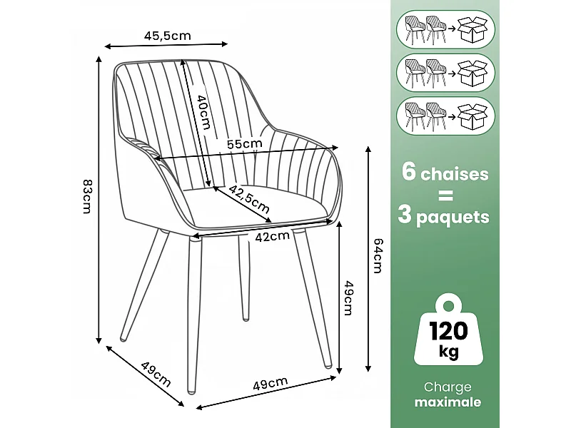 6er Set Drehbare Veloursstühle mit Ziernähten TURNO Grau mit schwarzen Beinen