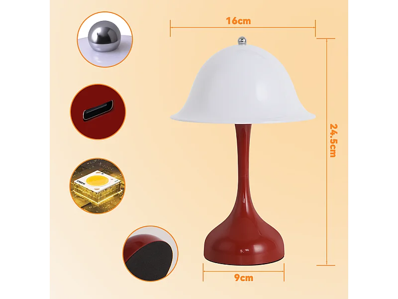 Nettlife Lampe Table Sans Fil LED - Lampe Chevet Tactile, Rouge Forme Chapeau, USB Rechargeable, Veilleuse Salon Chambre