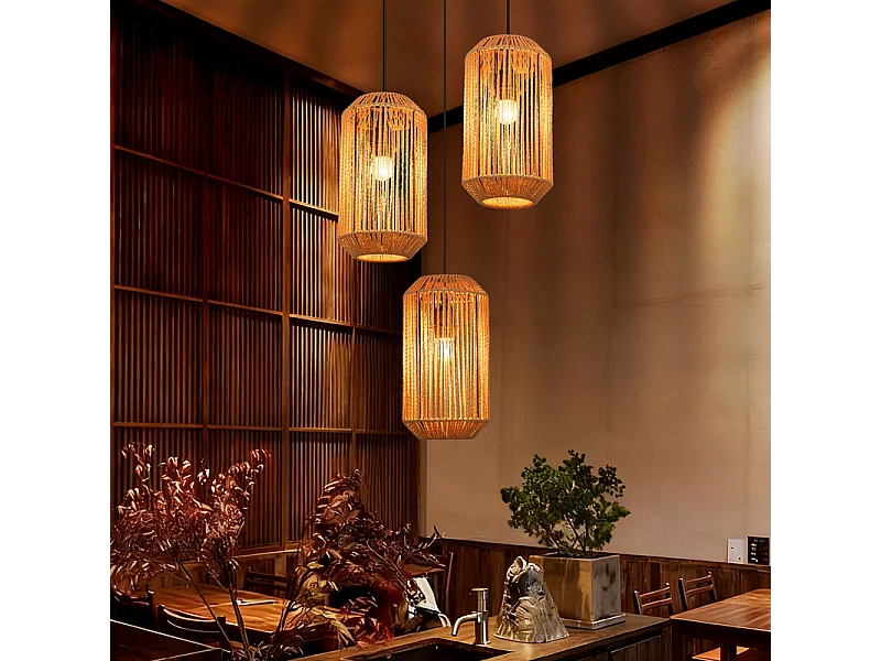 Lampa wisząca Nettlife Boho Rattan na stół jadalny – 3 żarówki E27, regulowana wysokość, styl retro, do salonu/sypialni (żarówki nie są dołączone)