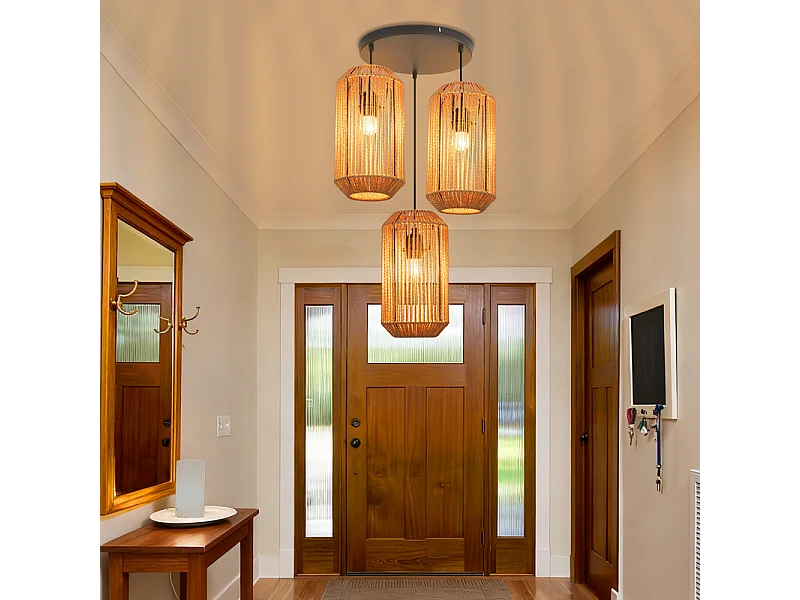 Lampa wisząca Nettlife Boho Rattan na stół jadalny – 3 żarówki E27, regulowana wysokość, styl retro, do salonu/sypialni (żarówki nie są dołączone)