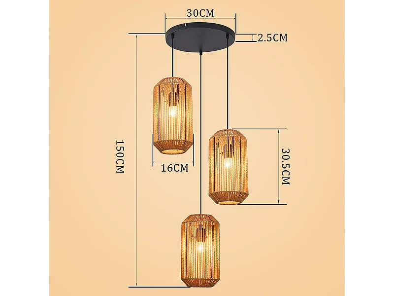 Lampa wisząca Nettlife Boho Rattan na stół jadalny – 3 żarówki E27, regulowana wysokość, styl retro, do salonu/sypialni (żarówki nie są dołączone)