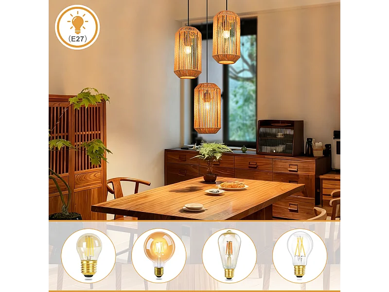 Lampa wisząca Nettlife Boho Rattan na stół jadalny – 3 żarówki E27, regulowana wysokość, styl retro, do salonu/sypialni (żarówki nie są dołączone)