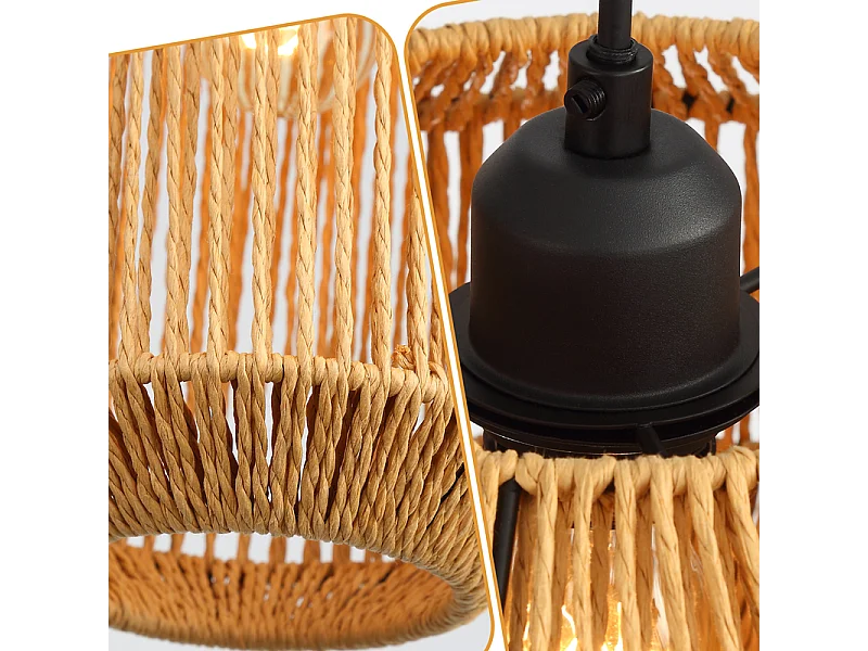 Lampa wisząca Nettlife Boho Rattan na stół jadalny – 3 żarówki E27, regulowana wysokość, styl retro, do salonu/sypialni (żarówki nie są dołączone)