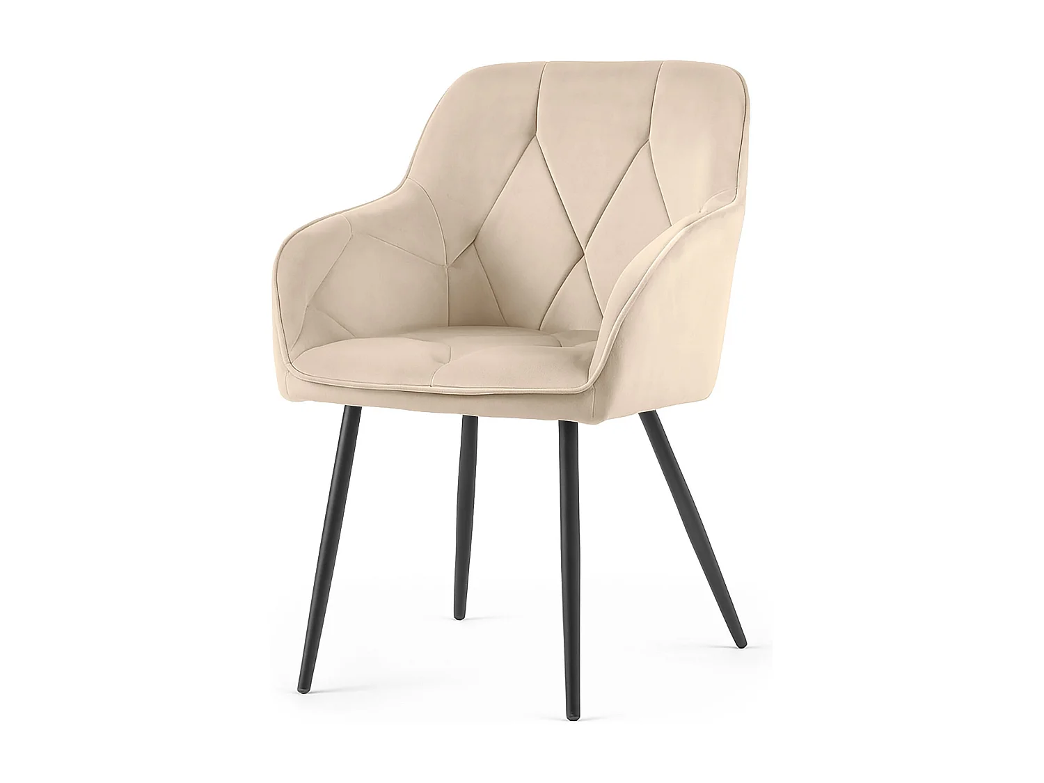 Set van 6 Eetkamerstoelen DIAMANTE met Armleuningen / Gestoffeerde Stoelen / Fluwelen Stoelen en Metalen Poten / Beige met zwarte benen