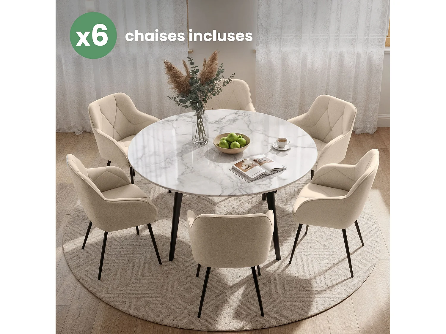 Set van 6 Eetkamerstoelen DIAMANTE met Armleuningen / Gestoffeerde Stoelen / Fluwelen Stoelen en Metalen Poten / Beige met zwarte benen