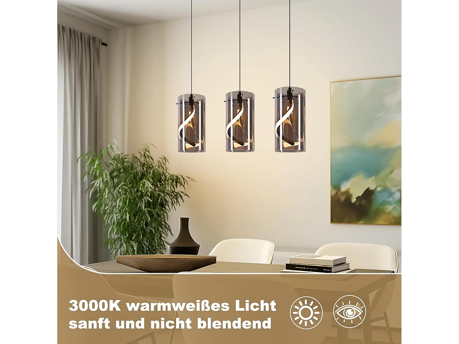 Nettlife Suspension LED Vintage 3 Lumières - Verre Gris Fumé 23W 3000K, Rétro, Réglable, Lampe de Table à Manger