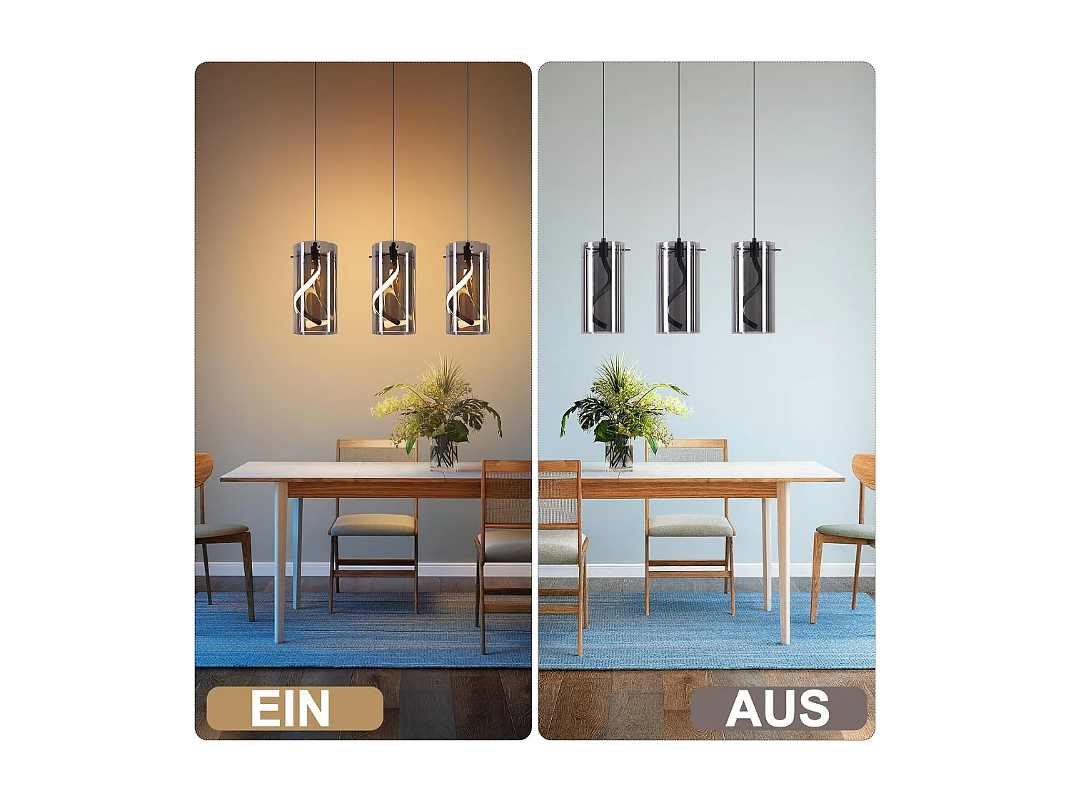 Nettlife Suspension LED Vintage 3 Lumières - Verre Gris Fumé 23W 3000K, Rétro, Réglable, Lampe de Table à Manger