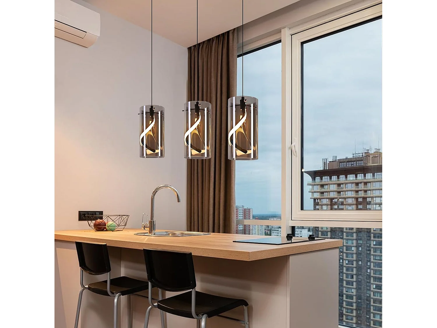 Nettlife Suspension LED Vintage 3 Lumières - Verre Gris Fumé 23W 3000K, Rétro, Réglable, Lampe de Table à Manger