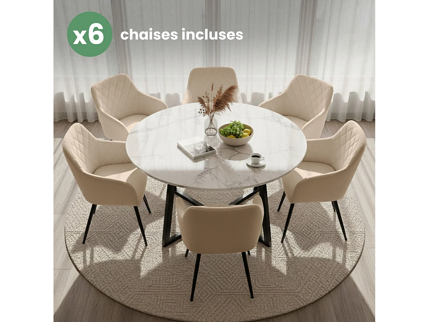 Juego de 6 sillas de terciopelo con costuras en rombos VELTO Beige patas negras