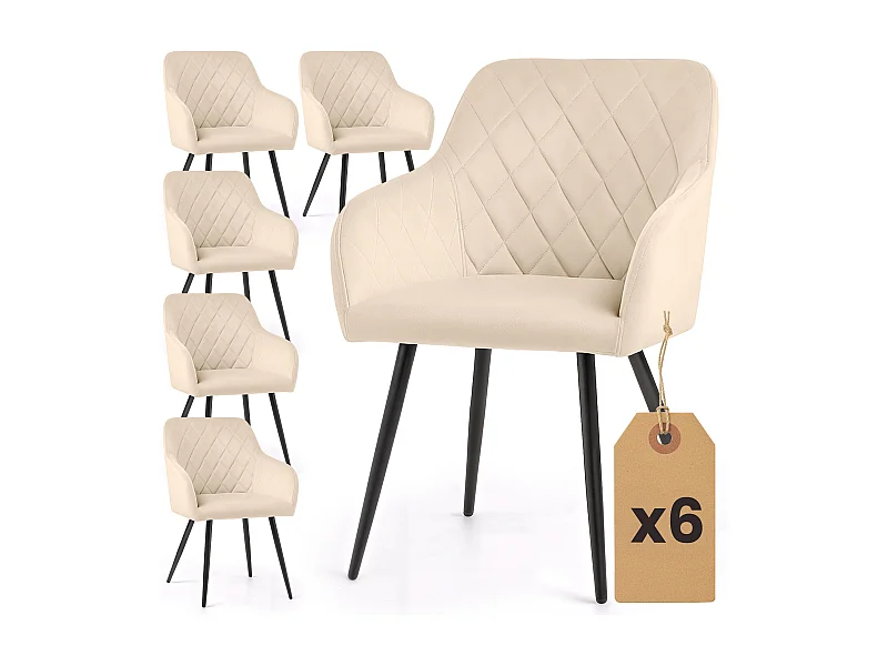 Juego de 6 sillas de terciopelo con costuras en rombos VELTO Beige patas negras
