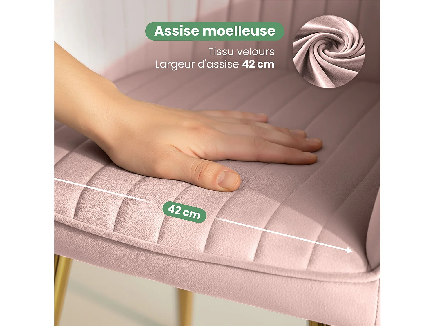 Set di 4 Sedie in velluto con cuciture verticali FLORENCE Rosa Cipria gambe oro
