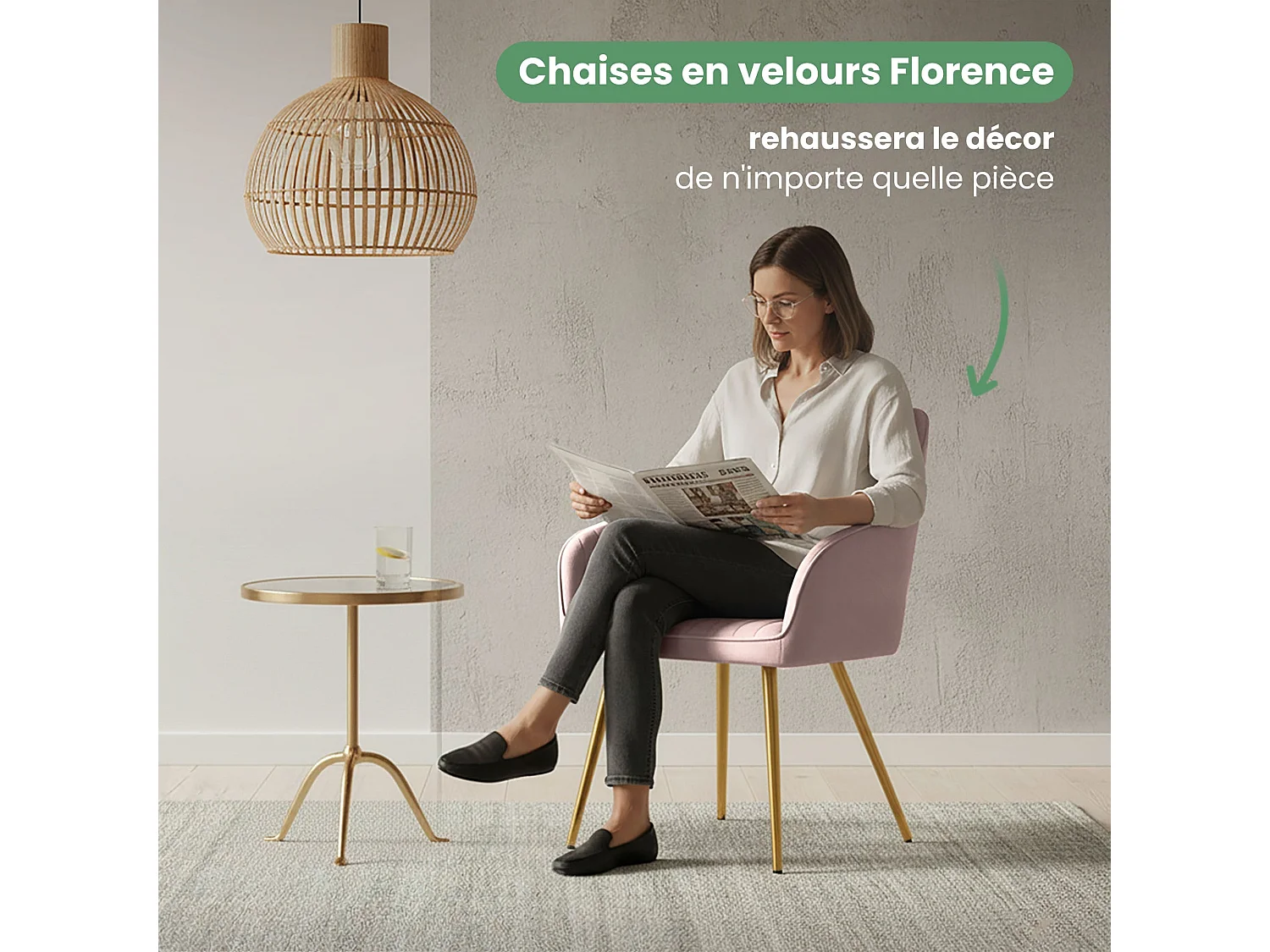 Set di 4 Sedie in velluto con cuciture verticali FLORENCE Rosa Cipria gambe oro