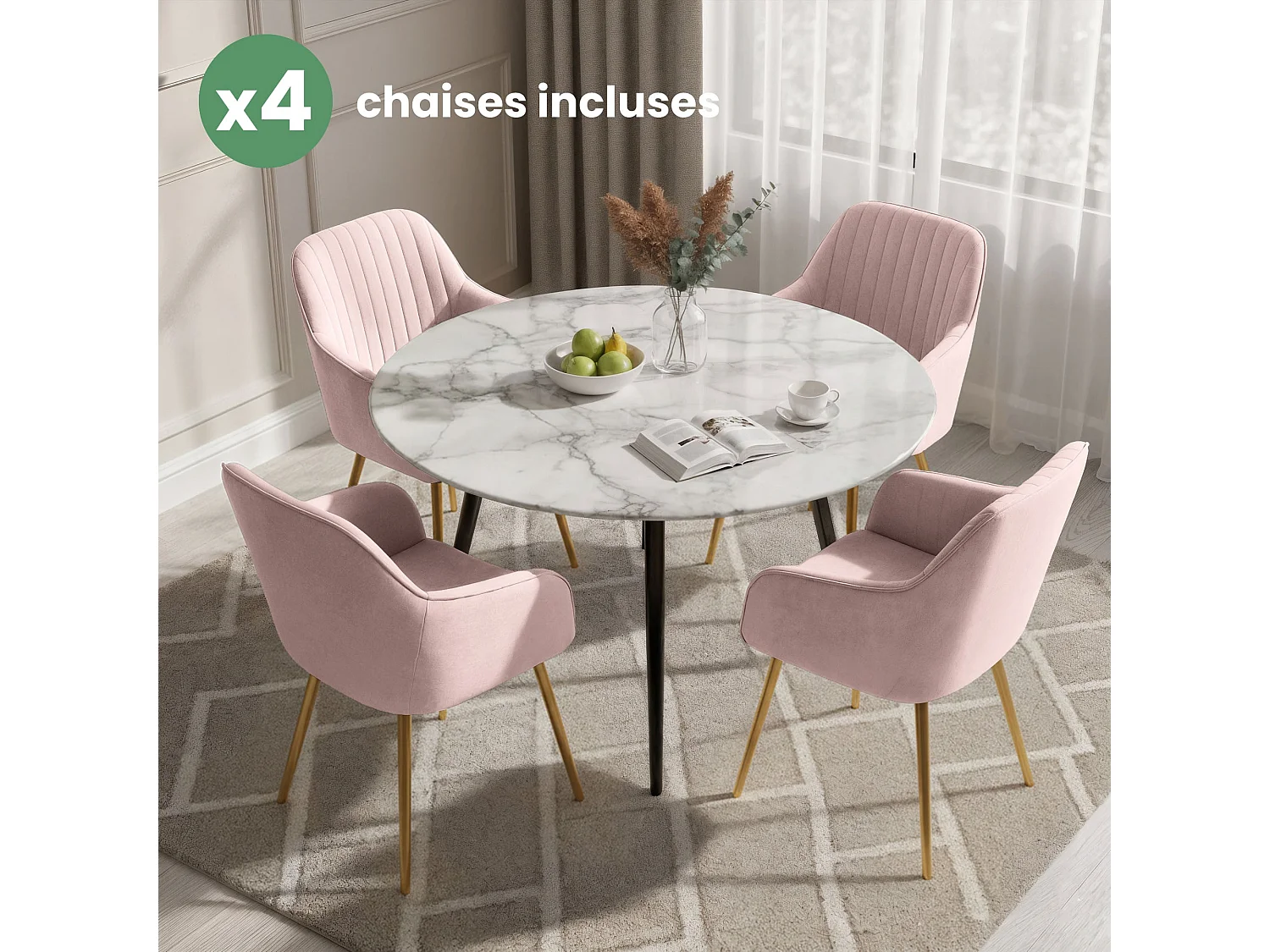 Set di 4 Sedie in velluto con cuciture verticali FLORENCE Rosa Cipria gambe oro