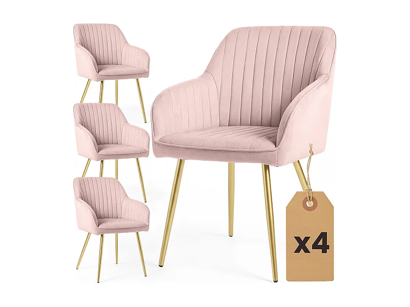 Lot de 4 Chaises en velours à surpiqûres FLORENCE Rose Poudré pieds dorés