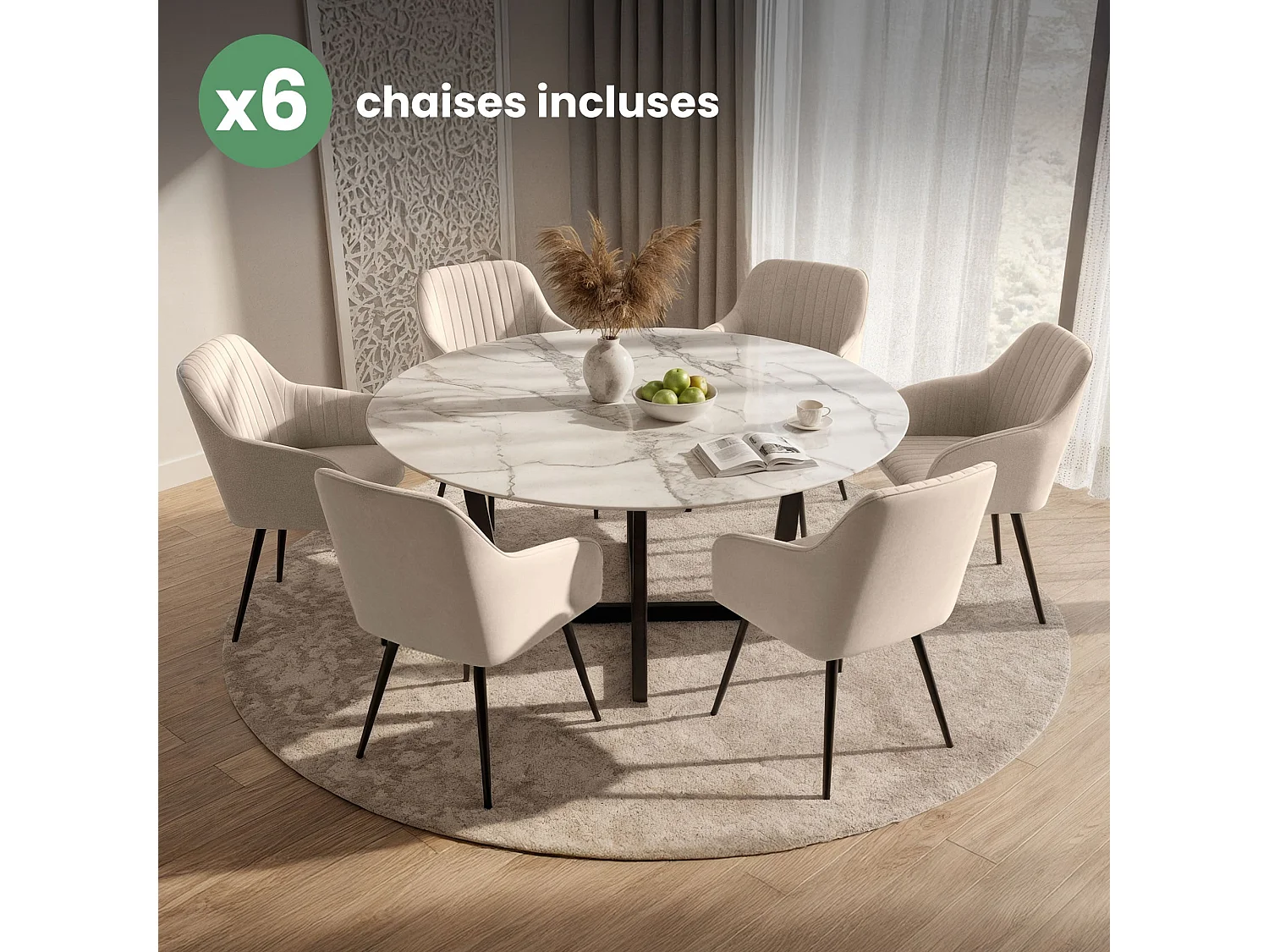 Lot de 6 Chaises en velours à surpiqûres FLORENCE Beige pieds noirs