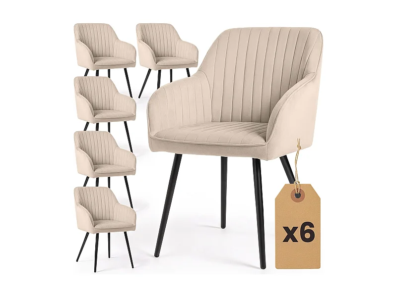 Juego de 6 sillas de terciopelo con costuras verticales FLORENCE Beige patas negras