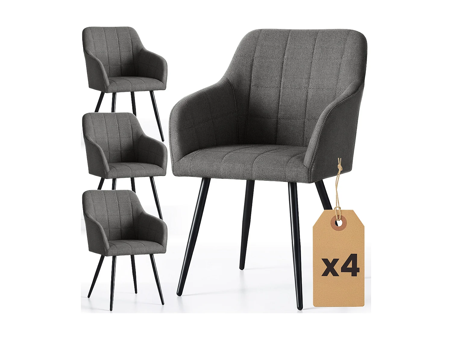 Set di 4 Sedie imbottite con cuciture quadrate LUXANO Grafite gambe nere tessuto Lumos