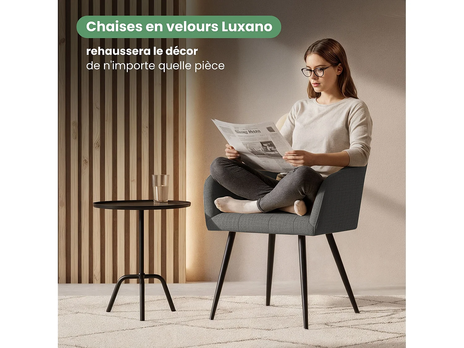 Set di 4 Sedie imbottite con cuciture quadrate LUXANO Grafite gambe nere tessuto Lumos