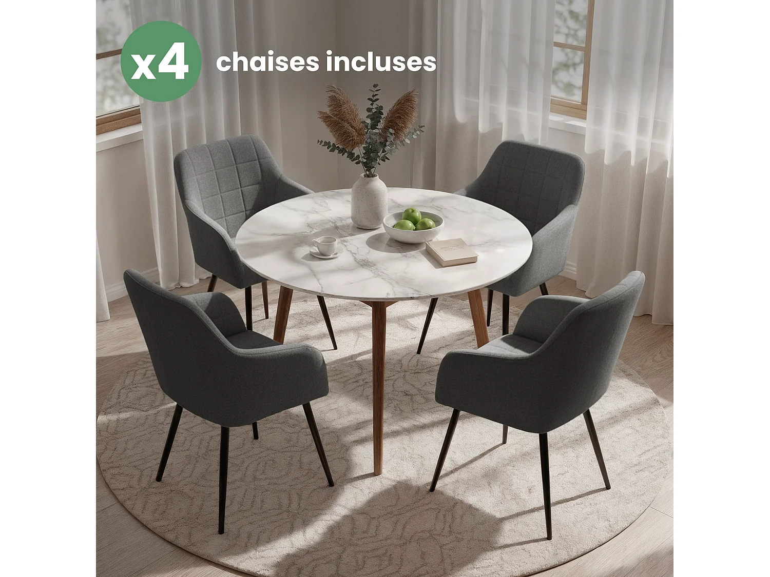 Set di 4 Sedie imbottite con cuciture quadrate LUXANO Grafite gambe nere tessuto Lumos