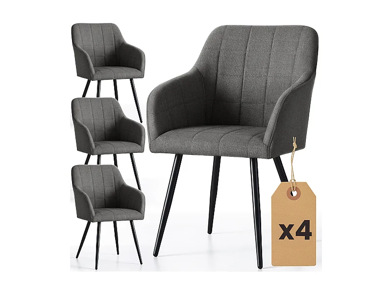 Juego de 4 sillas acolchadas LUXANO con costuras cuadradas Grafito patas negras tejido Lumos