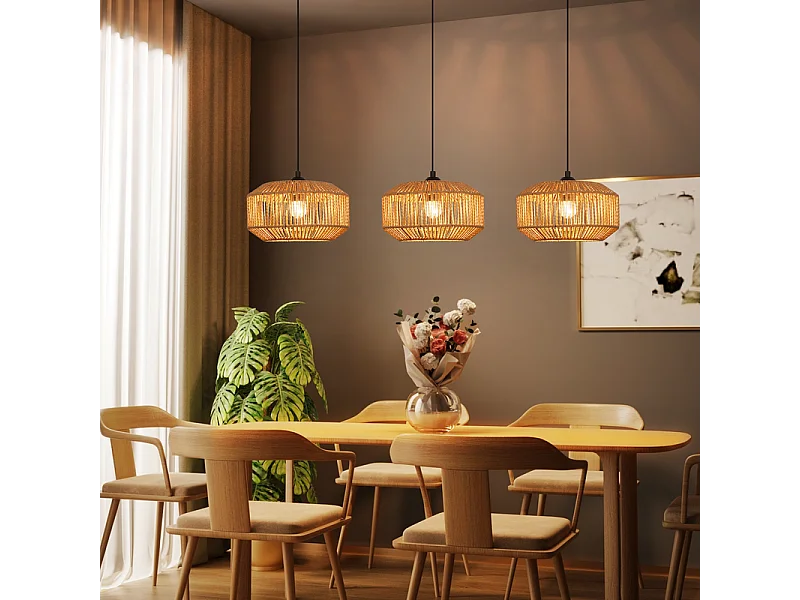 Lampa wisząca Nettlife Boho Rattan do jadalni – 3 światła, styl retro, gniazdo E27, regulowana wysokość, do salonu (żarówka nie jest dołączona)