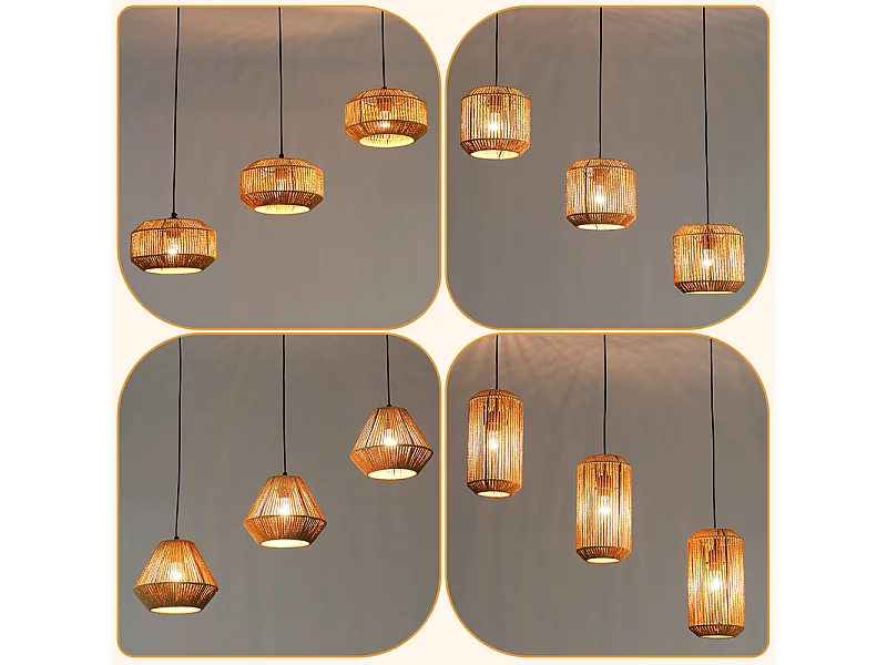 Lampa wisząca Nettlife Boho Rattan do jadalni – 3 światła, styl retro, gniazdo E27, regulowana wysokość, do salonu (żarówka nie jest dołączona)