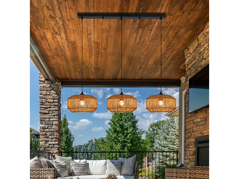 Lampa wisząca Nettlife Boho Rattan do jadalni – 3 światła, styl retro, gniazdo E27, regulowana wysokość, do salonu (żarówka nie jest dołączona)