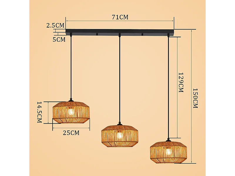 Lampa wisząca Nettlife Boho Rattan do jadalni – 3 światła, styl retro, gniazdo E27, regulowana wysokość, do salonu (żarówka nie jest dołączona)