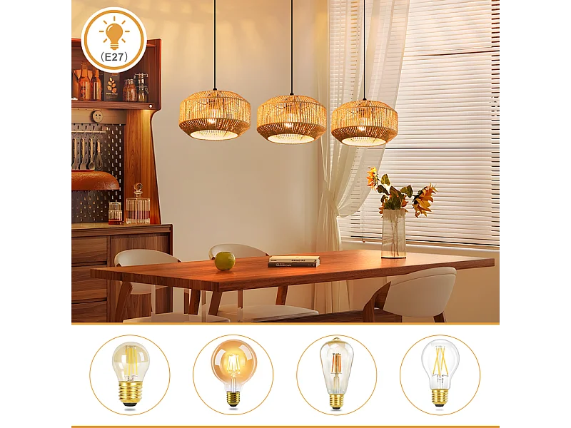 Nettlife Suspension Rotin Boho Table à Manger - Lampe 3 Lumières, Rétro, E27, Hauteur Réglable, Salon (Sans Ampoule)