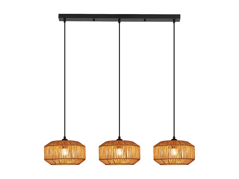 Nettlife Suspension Rotin Boho Table à Manger - Lampe 3 Lumières, Rétro, E27, Hauteur Réglable, Salon (Sans Ampoule)