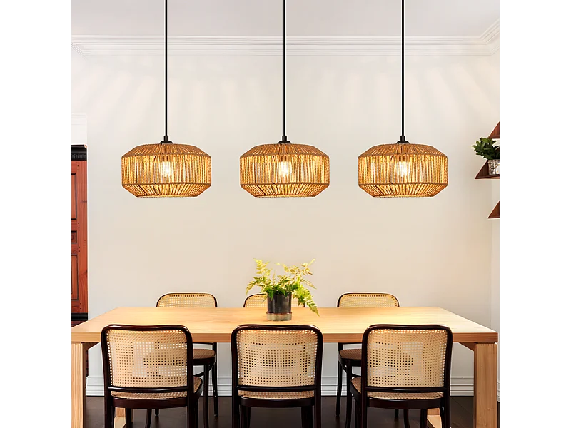 Nettlife Suspension Rotin Boho Table à Manger - Lampe 3 Lumières, Rétro, E27, Hauteur Réglable, Salon (Sans Ampoule)