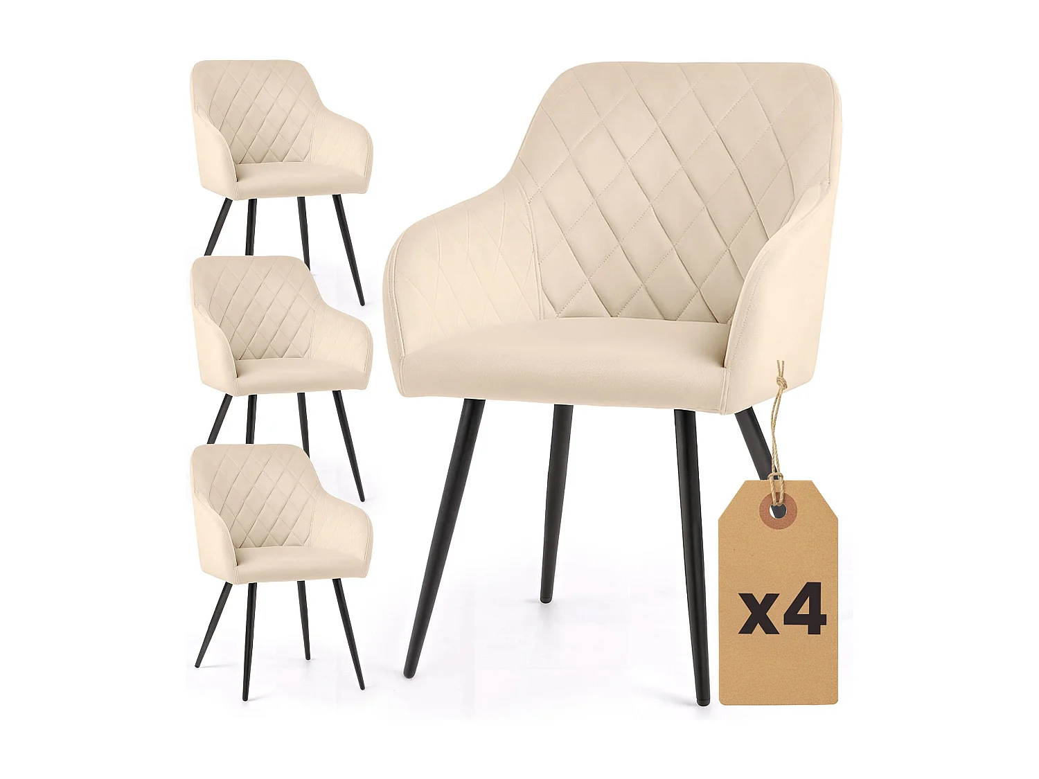 Set van 4 Eetkamerstoelen VELTO met Armleuningen / Gestoffeerde Stoelen / Fluwelen Stoelen en Metalen Poten / Beige met zwarte benen
