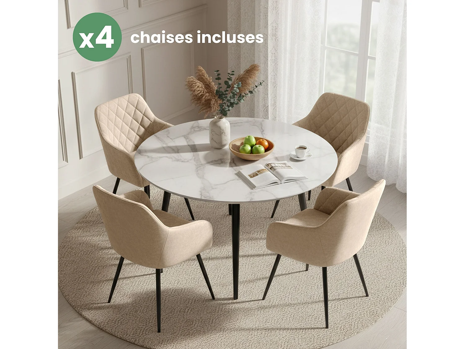 Set van 4 Eetkamerstoelen VELTO met Armleuningen / Gestoffeerde Stoelen / Fluwelen Stoelen en Metalen Poten / Beige met zwarte benen