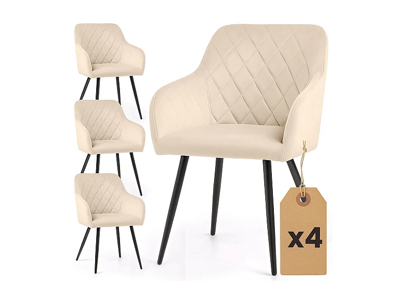 Set van 4 Eetkamerstoelen VELTO met Armleuningen / Gestoffeerde Stoelen / Fluwelen Stoelen en Metalen Poten / Beige met zwarte benen